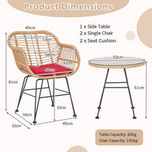 Load image into Gallery viewer, 3 Pieces Patio Bistro Set Outdoor PE Rattan Armchairs w/Tempered Glass Table