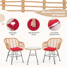 Load image into Gallery viewer, 3 Pieces Patio Bistro Set Outdoor PE Rattan Armchairs w/Tempered Glass Table
