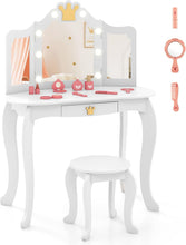 Load image into Gallery viewer, Kids Dressing Table and Stool with 3-Color LED Lighted Tri-fold Mirror