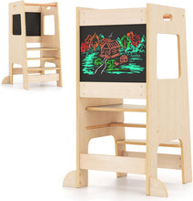 Load image into Gallery viewer, Kids Step Stool, Toddler Kitchen Helper Stand Baby Tower with Adjustable Height, Safety Rail & Chalkboard