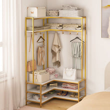 Load image into Gallery viewer, L-shaped Clothes Corner Garment Rack with Open Shelves and 7 Hooks