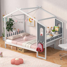 Load image into Gallery viewer, Double House Bed Wood Montessori Bed Frame with Desk