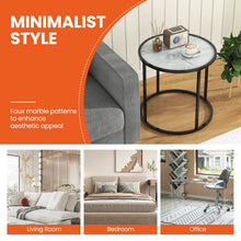 Load image into Gallery viewer, 50CM Round Side Table with Metal Frame and Faux Marble Glass Top