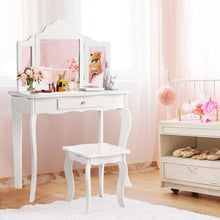 Load image into Gallery viewer, Kids Wooden Vanity Table and Stool Set with Detachable Top Folding Mirrors