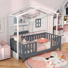 Load image into Gallery viewer, Kids Montessori Wood House Bed Bed with 2 Shelves and Guardrails