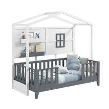 Load image into Gallery viewer, Kids Montessori Wood House Bed Bed with 2 Shelves and Guardrails