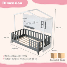 Load image into Gallery viewer, Kids Montessori Wood House Bed Bed with 2 Shelves and Guardrails