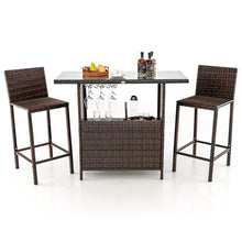Load image into Gallery viewer, 3 Pieces Patio Wicker Bar Height Table and Chair Set with 3 rows stemware racks