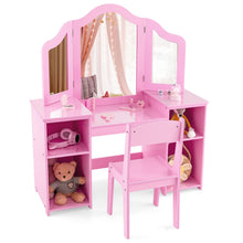 Load image into Gallery viewer, Kids Dressing Table and Chair Set, 2 in 1 Children Vanity Table with Tri-Folding Mirror