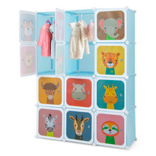 Load image into Gallery viewer, Cartoon Clothes Closet, Portable Kids Wardrobe with Hanging Section( 12 Cubes Animal: 109 x 37 x 145cm)