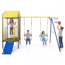 Load image into Gallery viewer, 5-in-1 Kids Swing Set, Heavy-duty Metal Swing Stand with Trampoline, Roof, 2 Belt Swings