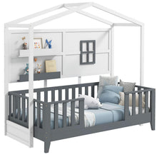 Load image into Gallery viewer, Wooden Kids Bed Frame with 2 Shelves and Guardrails