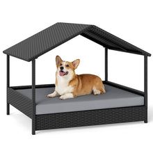 Load image into Gallery viewer, Wicker Dog Bed, Raised Rattan Dogs House with Canopy