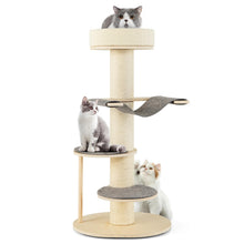 Load image into Gallery viewer, Wooden Cat Tree, 120cm Cat Climbing Tower with Thickened Sisal Scratching Posts, Sisal Carpet, Hammock, 2 Platforms & Removable Pad