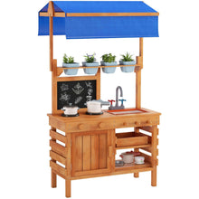 Load image into Gallery viewer, Kids Mud Kitchen, Fir Wood Children Potting Bench Table with Adjustable Canopy