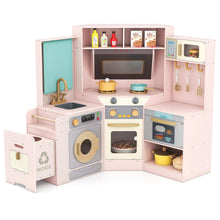 Load image into Gallery viewer, Kids Play Kitchen, Wooden Corner Pretend Kitchen with Lights & Sounds, Pull-Out Trash Can