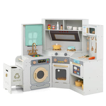 Load image into Gallery viewer, Kids Play Kitchen, Wooden Corner Pretend Kitchen with Lights & Sounds, Pull-Out Trash Can