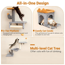 Load image into Gallery viewer, Wall-Mounted Cat Tower Set with 2-Tier Platform and 2 Comfy Cat Condos