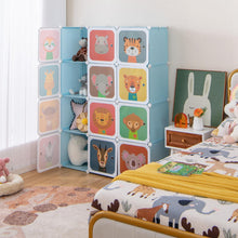 Load image into Gallery viewer, Cartoon Clothes Closet, Portable Kids Wardrobe with Hanging Section( 12 Cubes Animal: 109 x 37 x 145cm)