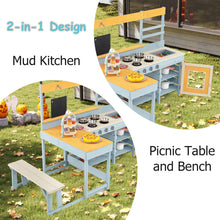 Load image into Gallery viewer, Kids Mud Kitchen, Children Pretend Play Kitchen with Picnic Table, Bench, Blackboard