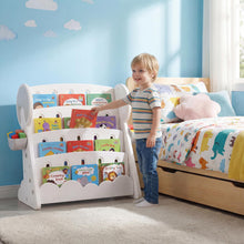 Load image into Gallery viewer, Kids Bookshelf, 4-Tier Book Display Rack with 2 Storage Boxes and Reversible Bottom Shelf