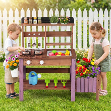 Load image into Gallery viewer, Kids Mud Kitchen, Garden Potting Bench with 2 Planting Pots, 2 Storage Bins, 2 Trowels, 1 Rake