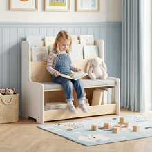 Load image into Gallery viewer, Kids Toy Storage Unit with Bench, Wooden Children Bookcase with 2 Cubbies
