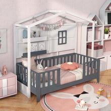 Load image into Gallery viewer, Wooden Kids Bed Frame with 2 Shelves and Guardrails