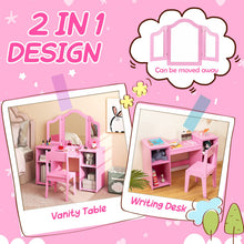 Load image into Gallery viewer, Kids Dressing Table and Chair Set, 2 in 1 Children Vanity Table with Tri-Folding Mirror