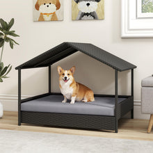 Load image into Gallery viewer, Wicker Dog Bed, Raised Rattan Dogs House with Canopy