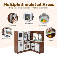 Load image into Gallery viewer, Kids Corner Kitchen, Wooden Play Kitchen with Stoves, Microwave, Oven, Telephone, Range Hood, Ice Maker, Chalkboard