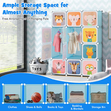 Load image into Gallery viewer, Cartoon Clothes Closet, Portable Kids Wardrobe with Hanging Section( 12 Cubes Animal: 109 x 37 x 145cm)