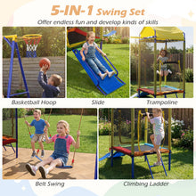 Load image into Gallery viewer, 5-in-1 Kids Swing Set, Heavy-duty Metal Swing Stand with Trampoline, Roof, 2 Belt Swings