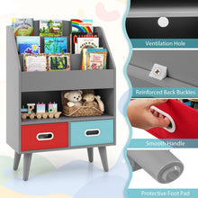 Load image into Gallery viewer, Kids Bookcase, Wooden Children Bookshelf with 3 Shelves, Open Compartment and 2 Removable Bins