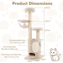 Load image into Gallery viewer, Wooden Cat Tree, 187cm Cat Climbing Tower with 2-Story Cat Condo, 2 Hammocks, 2 Perches