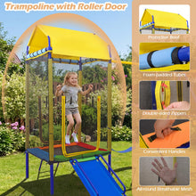 Load image into Gallery viewer, 5-in-1 Kids Swing Set, Heavy-duty Metal Swing Stand with Trampoline, Roof, 2 Belt Swings