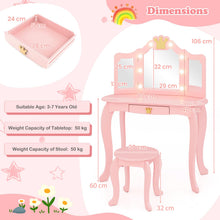 Load image into Gallery viewer, Kids Dressing Table and Stool with 3-Color LED Lighted Tri-fold Mirror
