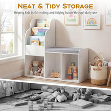 Load image into Gallery viewer, Kids Reading Nook with Bench Wooden Toddler Bookcase with 3 Storage Cubbies