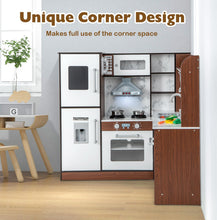 Load image into Gallery viewer, Kids Corner Kitchen, Wooden Play Kitchen with Stoves, Microwave, Oven, Telephone, Range Hood, Ice Maker, Chalkboard