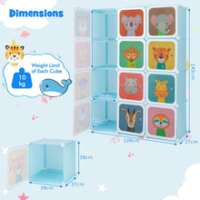Load image into Gallery viewer, Cartoon Clothes Closet, Portable Kids Wardrobe with Hanging Section( 12 Cubes Animal: 109 x 37 x 145cm)