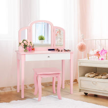 Load image into Gallery viewer, Kids Vanity Table and Stool Set, Wooden Children Dressing Table