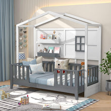 Load image into Gallery viewer, Wooden Kids Bed Frame with 2 Shelves and Guardrails