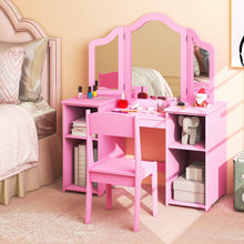 Load image into Gallery viewer, Kids Dressing Table and Chair Set, 2 in 1 Children Vanity Table with Tri-Folding Mirror