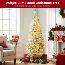 Load image into Gallery viewer, 5ft Pre-lit Snow Flocked Christmas Tree, Hinged Artificial Slim Pencil Xmas Tree with Lights