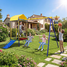 Load image into Gallery viewer, 5-in-1 Kids Swing Set, Heavy-duty Metal Swing Stand with Trampoline, Roof, 2 Belt Swings