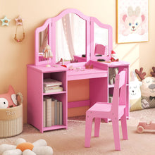 Load image into Gallery viewer, Kids Dressing Table and Chair Set, 2 in 1 Children Vanity Table with Tri-Folding Mirror