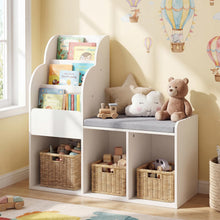 Load image into Gallery viewer, Kids Reading Nook with Bench Wooden Toddler Bookcase with 3 Storage Cubbies