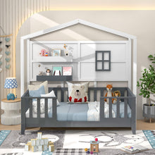 Load image into Gallery viewer, Wooden Kids Bed Frame with 2 Shelves and Guardrails
