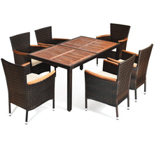 Load image into Gallery viewer, 7 PCS Patio Dining Set Stackable Wicker Conversation Set 6 Chairs with Table