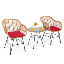 Load image into Gallery viewer, 3 Pieces Patio Bistro Set Outdoor PE Rattan Armchairs w/Tempered Glass Table